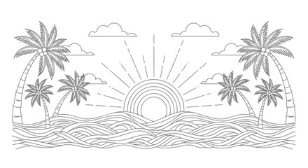 Obraz premium Tropical beach scene, palm trees, sunrise landscape, vector illustration, black and white