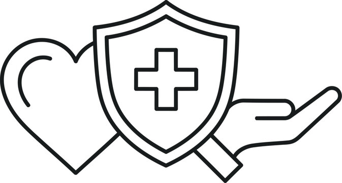 Healthcare and protection symbolized by a hand holding a heart and shield with a cross