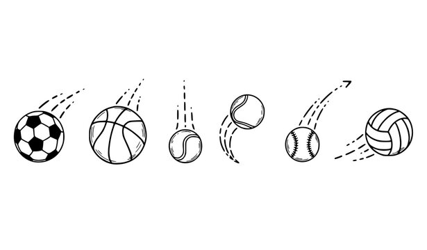 Doodle sport ball trajectory set vector hand drawn bounce path collection