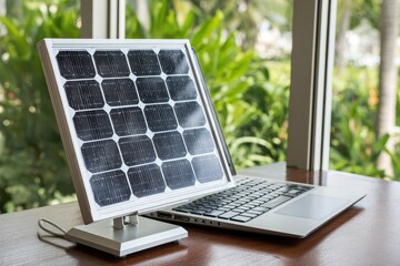 Fototapeta premium Solar Panel Laptop Setup - Sustainable Technology