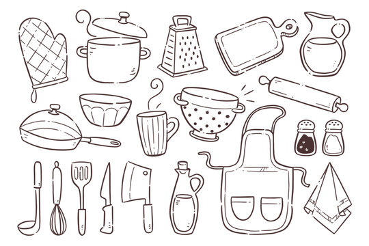 Kitchen utensils. Doodle kitchenware and appliances. Cute illustration with isolated cooking objects in vector format. 