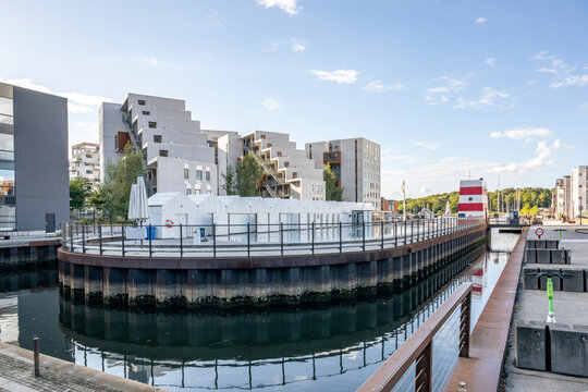 Modern waterfront swimming pool in the old harbour of Odense Denmark