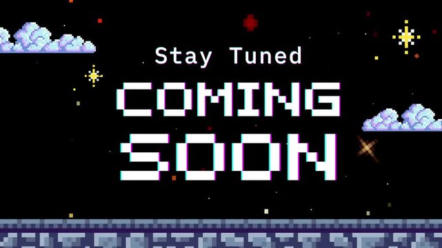 Coming soon animated 8 bit clouds with white color on black background video 4k