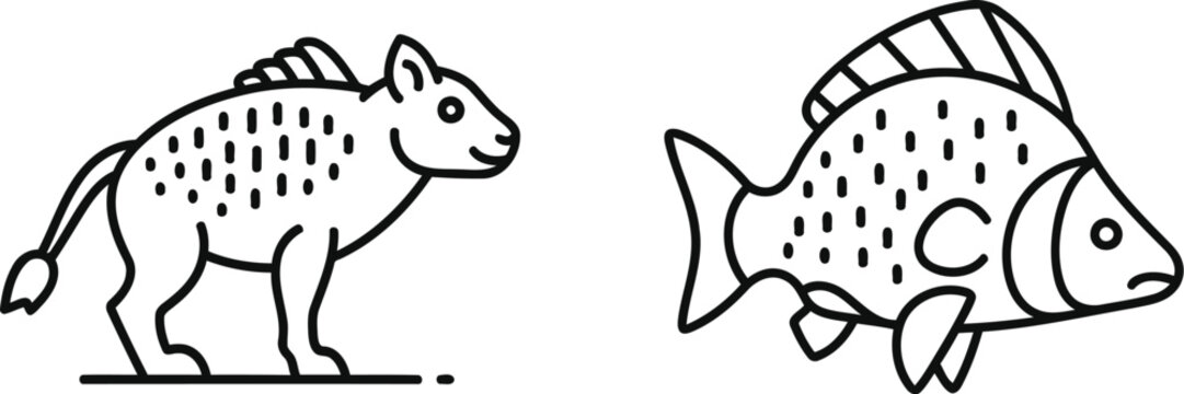 Illustration of a hedgehog and a fish with simple line drawings and dot patterns.