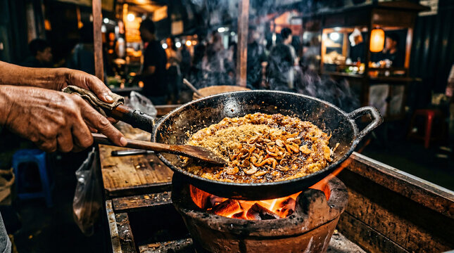 Kerak telor &mdash; Jakarta Betawi sticky rice omelette over glowing charcoal with coconut and dried shrimp. Authentic street process. No release.
