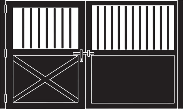Black and white of a double stable door with vertical bars and cross-bracing
