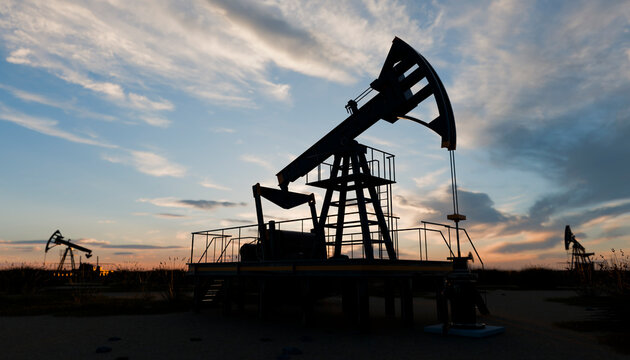 Oil pumpjack silhouette at dusk with dramatic clouds and minimalism