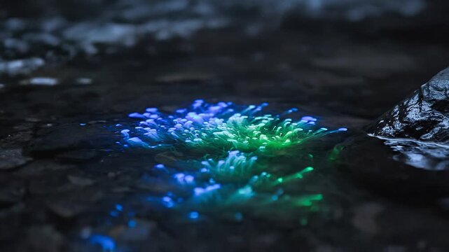 Close-up of glowing algae in a dark forest stream, soft ripples in the water reflecting blue and green bioluminescent light, cinematic macro shot, dreamy atmosphere, ultra realistic, 4K