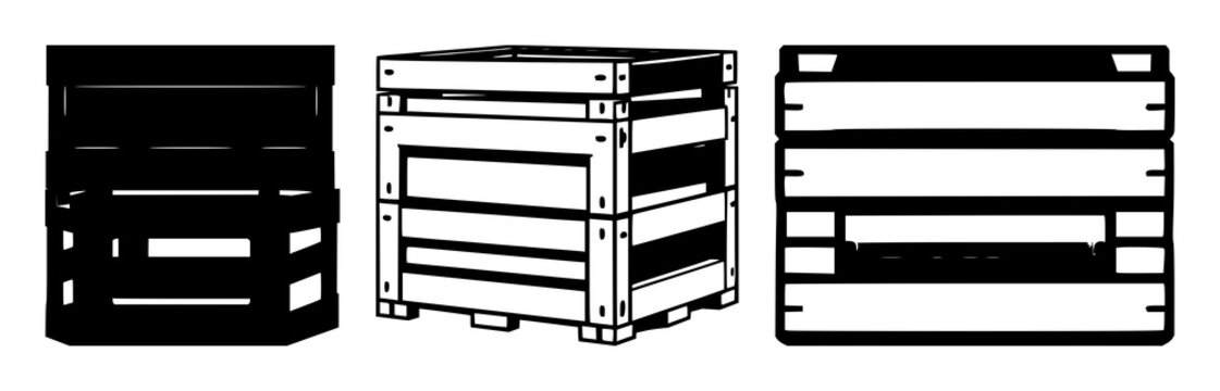 Stackable crate icon set with single solid black symbol on white background featuring logistics, shipping, warehousing with crate, pallet and storage and supply chain