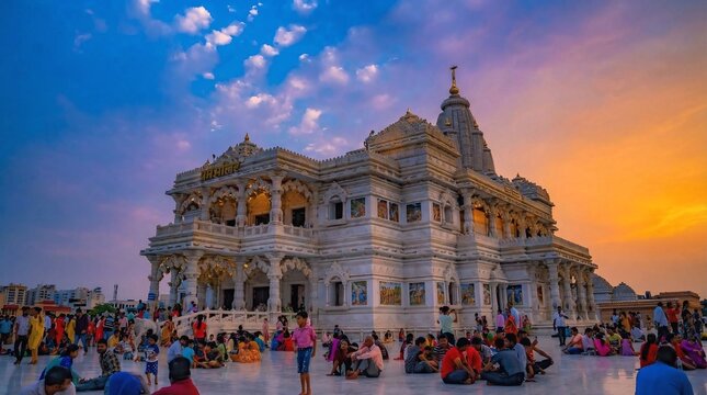 Vibrant Hindu Temple Festival at Sunset with Devotees, Rituals and Illuminated Marble Architecture