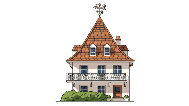 Detailed architectural illustration of a traditional two story house with a high gabled roof weather vane and a small garden in front.