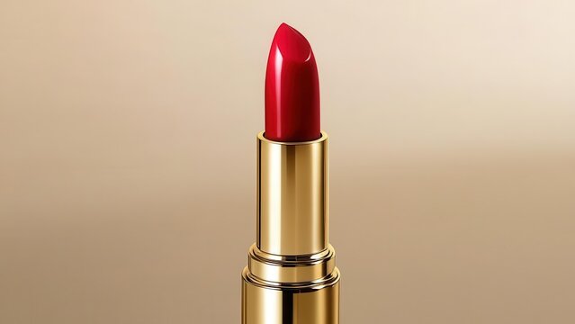 Elegant red lipstick in a gold case on a neutral background. A bright accent for cosmetic advertising and fashion catalogs. An ideal choice for the beauty industry.