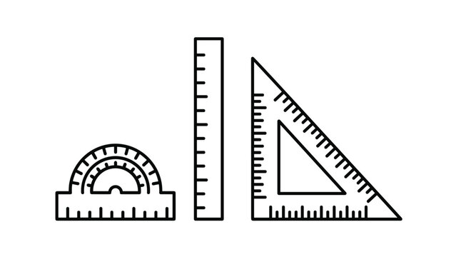 Set of three school measurement tools including a protractor a straight ruler and a triangle square depicted in a clean black outline style.