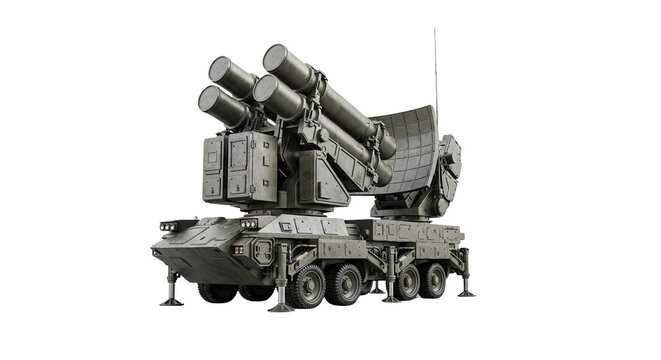 Advanced mobile surface to air missile system featuring heavy duty armored vehicle with radar antennas and multiple cylindrical launchers isolated on a transparent&nbsp;background
