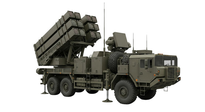 Modern military heavy tactical vehicle equipped with a powerful multi barrel missile launcher system designed for advanced surface to air defense missions on a transparent&nbsp;background