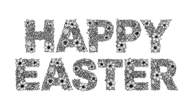 Festive happy easter greeting phrase creatively composed of various hand drawn flowers leaves and botanical elements in black and white.
