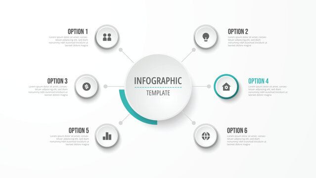 Circular mind map infographic template with central hub and 6 options for business strategy