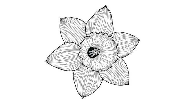 Botanical line drawing of a single daffodil flower seen from above showing the intricate details of the petals and the central trumpet part.