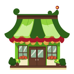 Obraz premium Cartoon-style green building with awning, brown door, windows, and potted plants