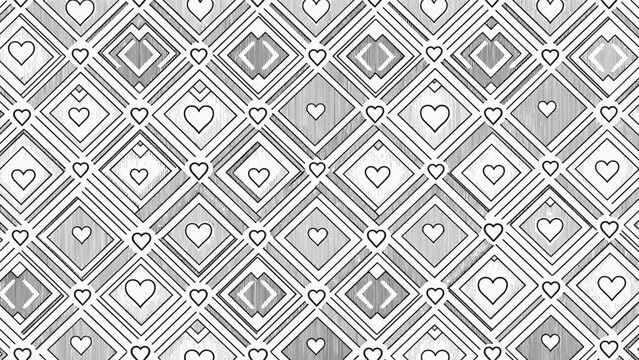 Elegant geometric pattern composed of diamond shapes containing small heart icons arranged in a repeating black and white tiled design.
