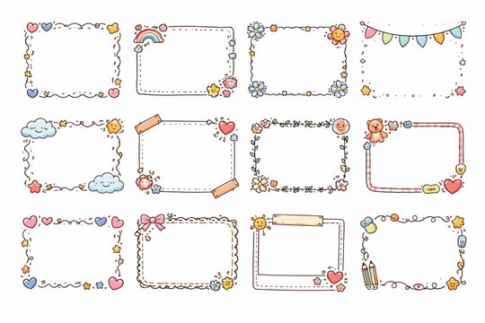 Set of Cute Hand-Drawn Doodle Frames and Borders with Kawaii Elements like Hearts, Flowers, Rainbows, and Stars for Scrapbooking, Bullet Journals, Note Taking, and Decorative Photo Frames Vector