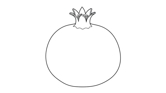 Simple line drawing of a whole pomegranate fruit with its characteristic crown like sepals on top shown as a black and white coloring page.