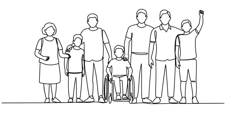continuous line drawing depicting a diverse group of people, likely representing a family or a community. The single-line style emphasizes unity