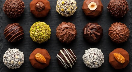 Fototapeta premium A collection of gourmet handcrafted chocolate truffles and pralines arranged artfully on a dark background showcasing confectionery variety