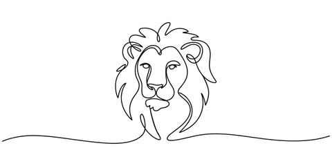 Continuous line drawing of a majestic lion head with a flowing mane on a white background. © JCS Graphic Design 