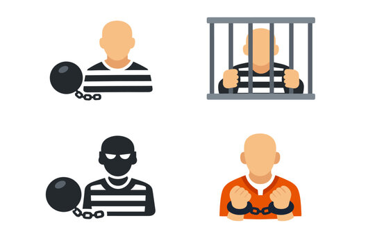 Set of Prisoner and Inmate Icons in Various Styles, Featuring Criminals in Striped Uniforms and Orange Jumpsuits with Handcuffs, Ball and Chain, and Jail Bars for Law and Justice Concepts.