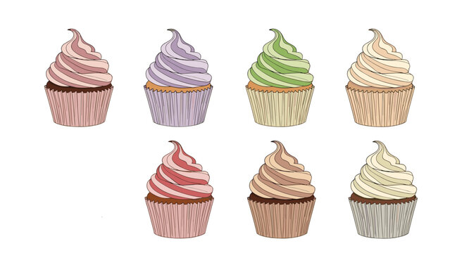 Variety of delicious cupcakes with colorful swirl frosting and different colored wrappers, perfect for a celebration or bakery display.