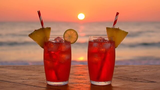 Two refreshing cocktails with pineapple and lemon on a beach at sunset