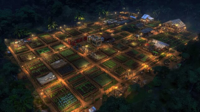 Nighttime Urban Farm, Row Crop Fields, Sustainable Agriculture