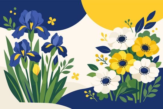 Spring Iris and Anemone Flowers Vector Poster Illustration with Navy Blue, Yellow, and Green Colors. Modern Art Deco Style Floral Background for Greeting Cards, Wall Art, and Nature Design.