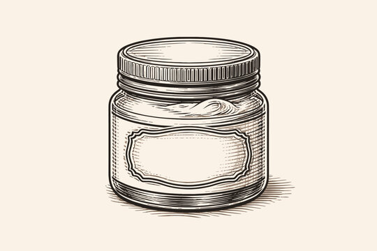 Vintage Engraved Illustration of a Cosmetic Cream Jar with Screw Cap and Blank Label, Retro Woodcut Style Skincare Container for Ointment, Salve, or Moisturizer, Hand-Drawn Vector Design Element
