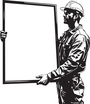Construction worker vector illustration with hard hat holding blank frame for industrial signage or design use