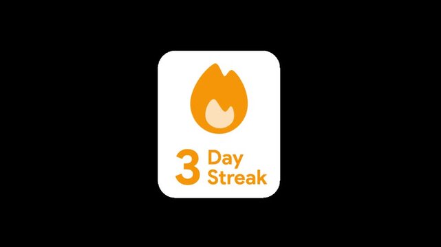 Daily streak counter gamification UI overlay: 7 day habit tracker flame icon notification with transparent background MOV alpha