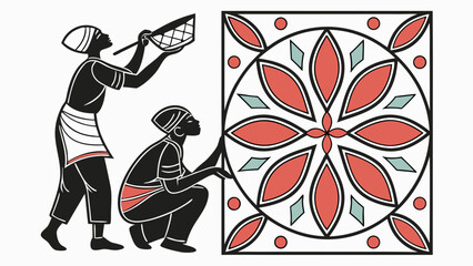 Obraz premium Artisans crafting a mosaic tile design with precision and care.
