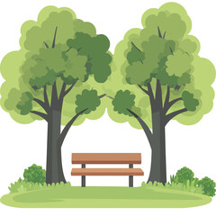 Naklejka premium A cartoon park scene features a bench situated between two trees, surrounded by grass and bushes
