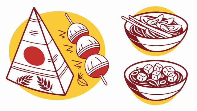 Assortment of Filipino Cuisine Puso Kakanin and Bowls of Noodles.