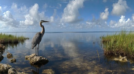 Fototapeta premium Tall blue heron stands on rock in a calm marsh, reflecting the cloudy sky above