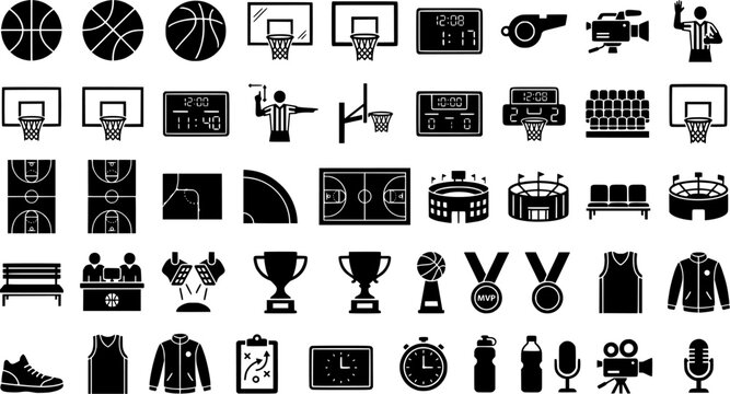 Basketball Court Line Icons. Professional Basketball Court. Line icon set of Professional Basketball Court: regulation court layout, NBA style hoop, glass