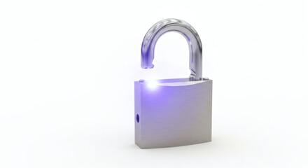 Fototapeta premium A shiny silver padlock with an open shackle stands on a plain white background, symbolizing security and protection.