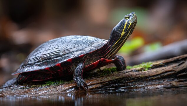 A painted turtle with red and yellow markings basks on a log by the water