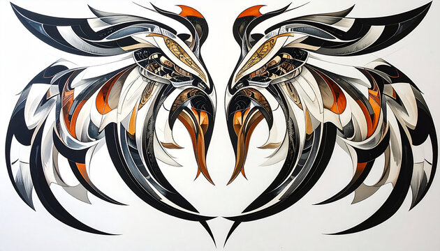 Tribal wing pattern illustration features dynamic flowing arcs with sharp tips on white background