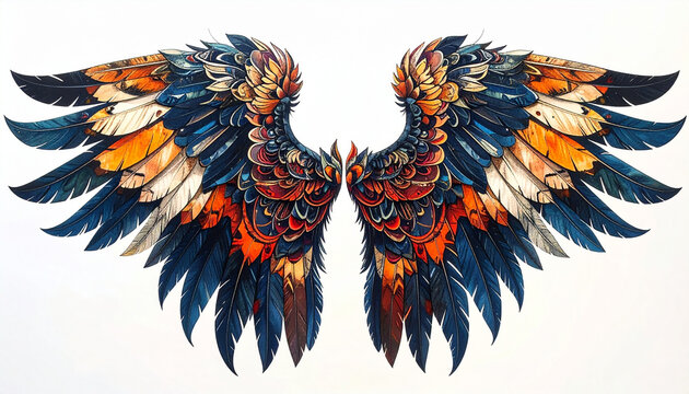 Vibrant tribal-style wing pattern with dynamic arcs and sharp tips on white background