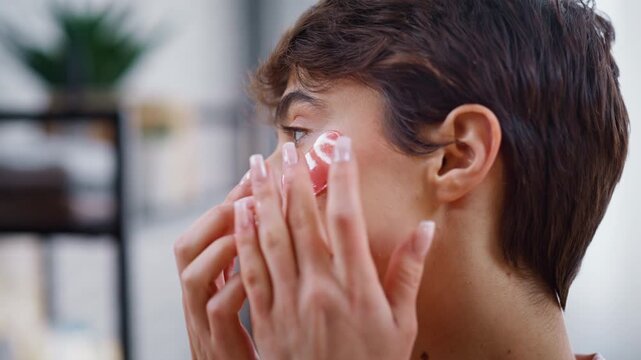 Model using eyes patches in bathroom closeup side view. Delicate beauty routine