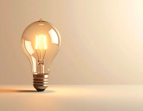 A single glass light bulb emits a warm glow on a soft beige gradient background.