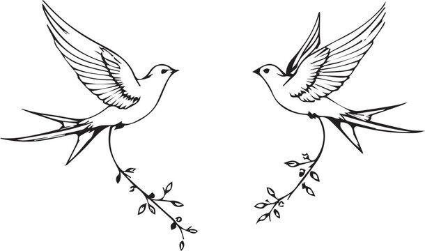 Pair of Flying Swallows Carrying Olive Branches Peace and Love Concept Vector Linear Illustration