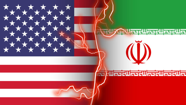 USA vs Iran Conflict Concept. American and Iranian Flags with Lightning Background. Political Conflict Illustration
